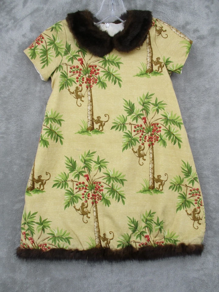 复古 Trish Scully 连衣裙 女孩 6 猴子 棕榈树 素食毛皮领 串珠 领带 — 第 1/4 张图片