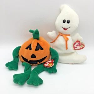 Vintage Halloween 1995 Spooky The Ghost &  1998 Pumkin’ Pumpkin Ty Beanie Babies - Picture 1 of 12