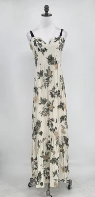 Lil Anthropologie Ivory Floral Satin Silk Lined Layered Maxi Dress Sz 12 - Image 1 of 4