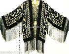 Maya Matazaro Fringe Jacket Kimono Bolero Silk Burnout Velvet Beige & Black USA