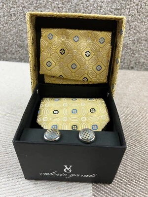 Juego de corbata, pañuelo y gemelos Valerio Garati 100 % seda tejida en caja dorado|azul Foto 1 de 4