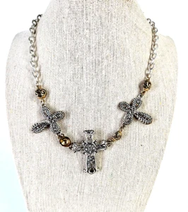 Dreifach Kreuz Halsreif Silber Goldfarben Mode Halskette 17" L 3" ext. - Bild 1 von 6