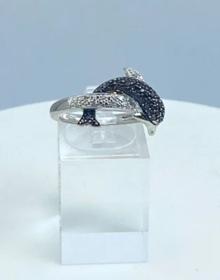 Anillo de delfín de diamantes blancos y negros naturales genuinos de plata de ley 925 talla 7,5 Foto 1 de 4