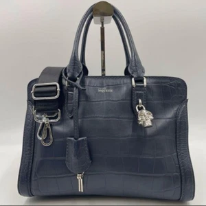 Alexander McQueen Croco Embossed Leather Handbag Small Boston Bag Navy Used - Picture 1 of 11