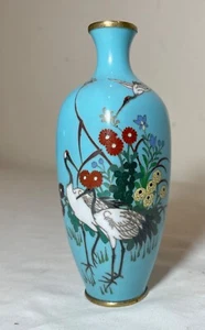 antique 19th century Japanese Meiji cloiosnne miniature enamel crane blue vase - Picture 1 of 13