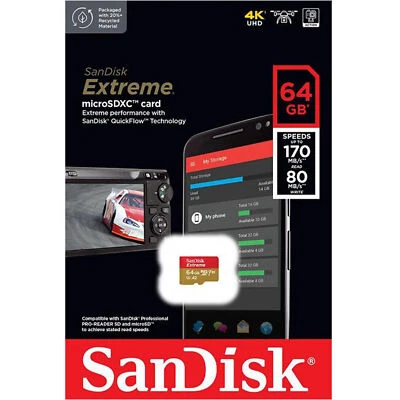 SanDisk Extreme 64GB UHS Class 3 V30 MicroSDXC Memory Card SDSQXAH-064G-GN6MN - Image 1 of 3