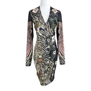 JUST CAVALLI BLACK TIGER NATURE PRINT LONG SLEEVE BODYCON MINI DRESS - S - Picture 1 of 10