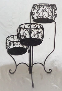 Retro Vintage 3~tier Folding Plant Stand Shelf Black Iron Rod End Table - Picture 1 of 6