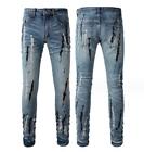 Men's Blue Printed Stretch Denim Jeans Retro Slim Pants Trousers Punk Motorcycle