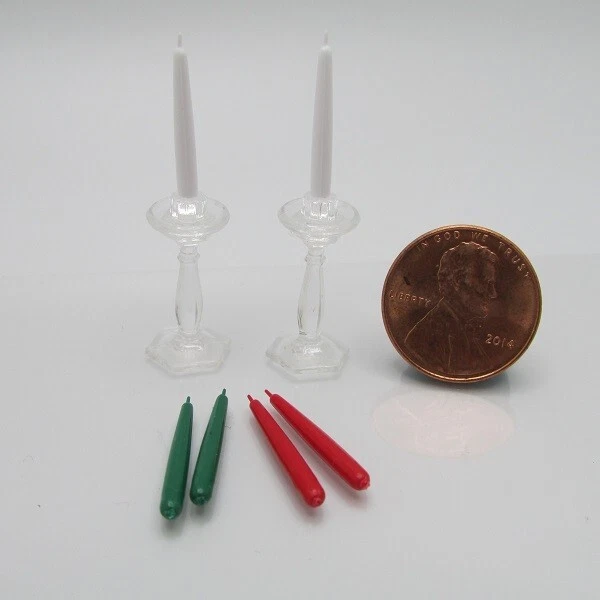 Dollhouse Miniature Chrysnbon Clear Candlesticks with 3 Sets of Candles CB76