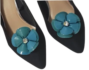 Bridal Wedding Prom Blue-Green Rose Leather Shoe Clips Ladies Jewelry Accessory - Picture 1 of 10