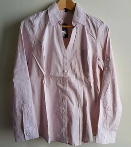 Camisa de mujer EXPRESS convertible manga, rayas rosas, mezcla de algodón, talla M, nueva con etiquetas - Imagen 1 de 8