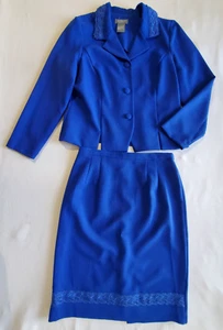 Koret Dress Skirt Suit Women Sz 14 Blue 2 Piece Office Wear Lined Lace Trim Poly - Imagen 1 de 9