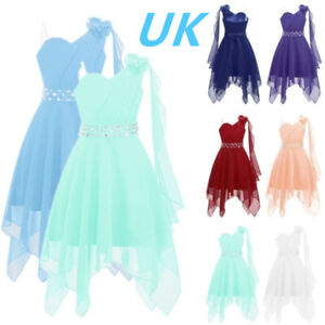 UK Kids Flower Girl Dress One Shoulder Chiffon Dress Ball Prom Evening Gown