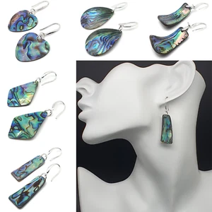 Paua Earrings Rainbow Abalone Natural Shell Dangle Drop Sterling Silver Hooks - Picture 1 of 84