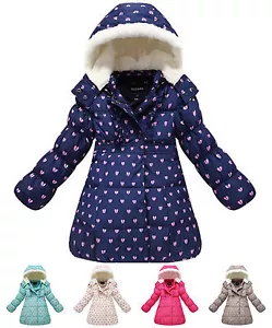 Girls Parka Thick Winter Autumn Warm KIds Children Hooded Blue Pink Grey Coat - Picture 1 of 10