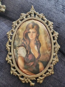 Vintage Kunstdekor Bild Seide Wandteppich seltene Frau ln a bronze Rahmen WUNDERSCHÖN - Bild 1 von 4