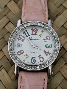 Genevex Watch Women 30mm Pave Silver Tone Pink Leather Band Needs Battery -As Is - Picture 1 of 3