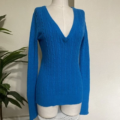 American Eagle Y2K Sweater Sz L Cable Knit Fitted Peacock Blue Plunge V Neck - Image 1 of 4