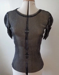 Zara women gathered sleeve T-Shirt black & shiny silver blouse size EUR USA M - Picture 1 of 8