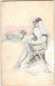 Hand-Drawn Folk Art Ice Skating Woman Hockey Farkas Artist-Signed 1910s Postcard - Picture 1 of 2
