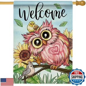 Hzppyz Welcome Spring Summer Pink Owl House Flag Double Sided, Sunflower Bird - Picture 1 of 5