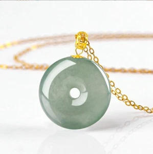 Certified Green Natural Jade jadeite 18K Solid Gold Circle 平安扣 Pendant Necklace  - Picture 1 of 10