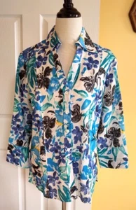Camisa HARVE BENARD Cool Azul/Blanco Estampado Floral Manga 3/4 Mezcla de Lino (L) Nueva con Etiquetas - Imagen 1 de 5
