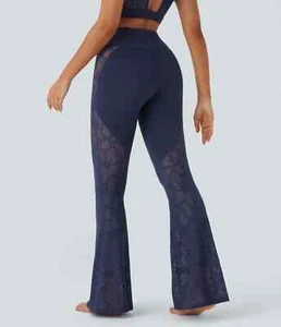 Navy Blue Softlyzero High Waisted Back Pocket Contrast Lace Flare Yoga Pant💗M - Picture 1 of 8