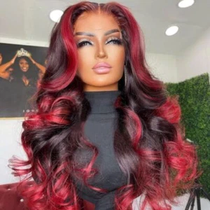 Highlight Ombre Red Colored Body Wave Lace Front Wig Burgundy Long Wigs - Bild 1 von 16