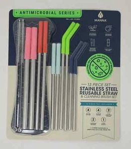 Stainless Steel Reusable Straw & Cleaning Brush Set Manna Antimicrobial 26 Piece - Picture 1 of 2