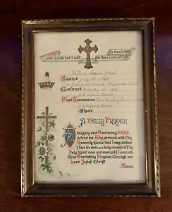 Antique Wood Frame First Communion Certificate Religious Prayer Old Document  - Picture 1 of 12