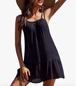 Sommer hauchdünn transparent schwarz Neckholder Rühr Überziehen Bademode Badeanzug Strand Pool Kleid - Bild 1 von 11