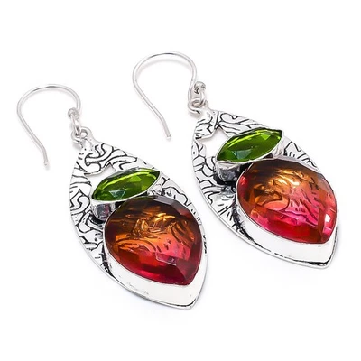Bi-Colore Tormalina, Peridoto Gemma 925 Argento Sterling Gioielleria Orecchino - Immagine 1 di 4