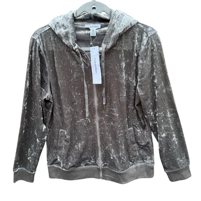 NWT New Calvin Klein Womens Medium Silver Velour Long Sleeve Hooded Jacket Foto 1 de 4