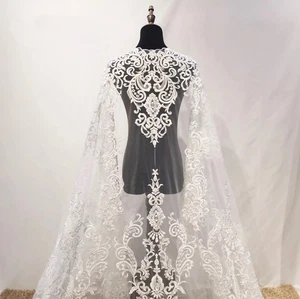 Ivory Beaded Lace Fabric by Meter – Embroidered Bridal Lace Tulle for Wedding - Picture 1 of 7