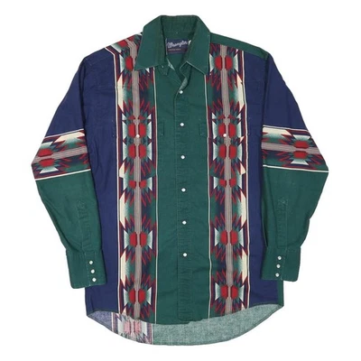 WRANGLER Mens Green & Navy Aztec Western Shirt M Cotton Blend Long Sleeve - Image 1 of 4