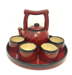 Pier 1 Earthenware Chinese Shanghai Tea Set Lidded Teapot Tray & 4 Cups Red - Picture 1 of 11