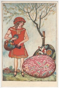 Gnomo de Pascua firmado por artista de 1915, hermosa niña y huevos, postal checa de Praga - Imagen 1 de 2
