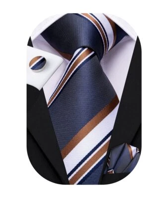 Juego de corbata a rayas azul y marrón para hombre y gemelos cuadrados de bolsillo para Forma... Foto 1 de 4