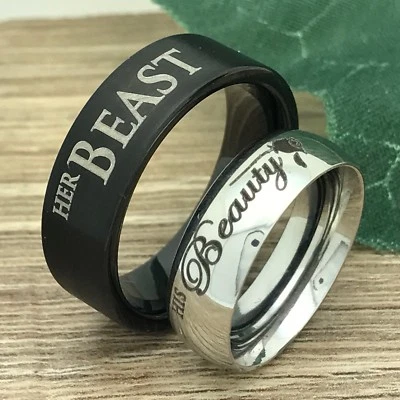 Anillo de tungsteno personalizado 7 mm/5,5 mm Her Beauty His Beast, él y ella, Foto 1 de 4