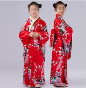 Retro Girl Kimono Japanese Children Yukata Obi Retro Cosplay Bathrobe Dress LITG
