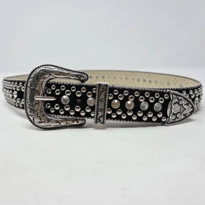 GUESS BLACK SILVER RHINESTONE SILVER BUCKLE WOMENS BELT MEDIUM 1.5" WIDE NEW - Picture 1 of 7