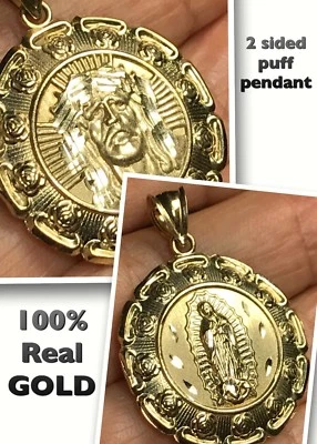 GoLD Jesus virgin Mary Guadalupe Pendant real 10k Charm necklac 2 Side 3D 1.20" - Image 1 of 4