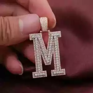 Lab Created Diamond Men's Custom M 2Ct Round Letter Pendant 14k Pink Gold Plated - Picture 1 of 10