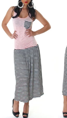 Maxi KLEID schwarz rosa lang STRETCH Boho Streifen PLISSEE Sweat TANK S M 34 36 - Bild 1 von 3