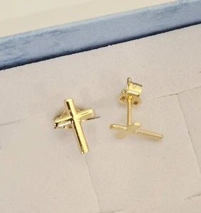 14k Solid Yellow Gold Stud Earrings Push Back Religious - Picture 1 of 6