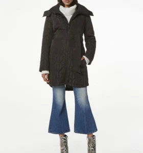 Andrew Marc Lyness Herringbone Quilted Belted Parka Coat Hood S 4-6 Black $245 - Picture 1 of 11