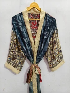 Sari Kimono For Woman's Patchwork Sari Silk Kimono Night Wear Bathrobe, B-4807 - Picture 1 of 7