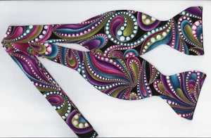 Fun Retro Paisley Bow tie, Trendy Purple, Teal, Metallic Gold, Self-tie Bow tie - Picture 1 of 5